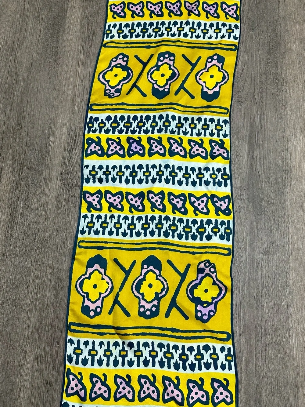 Vintage Vera Neumann rayon silk scarf yellow navy blue pink